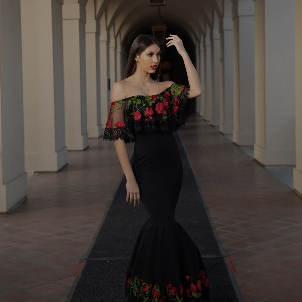 Elegant Black Floral Off-Shoulder Dress